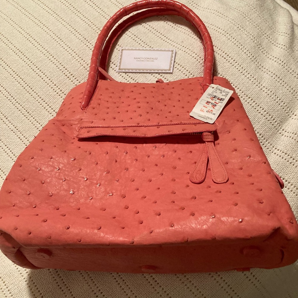 (NWT) Nancy Gonzales pink/salmon color Ostrich skin handbag